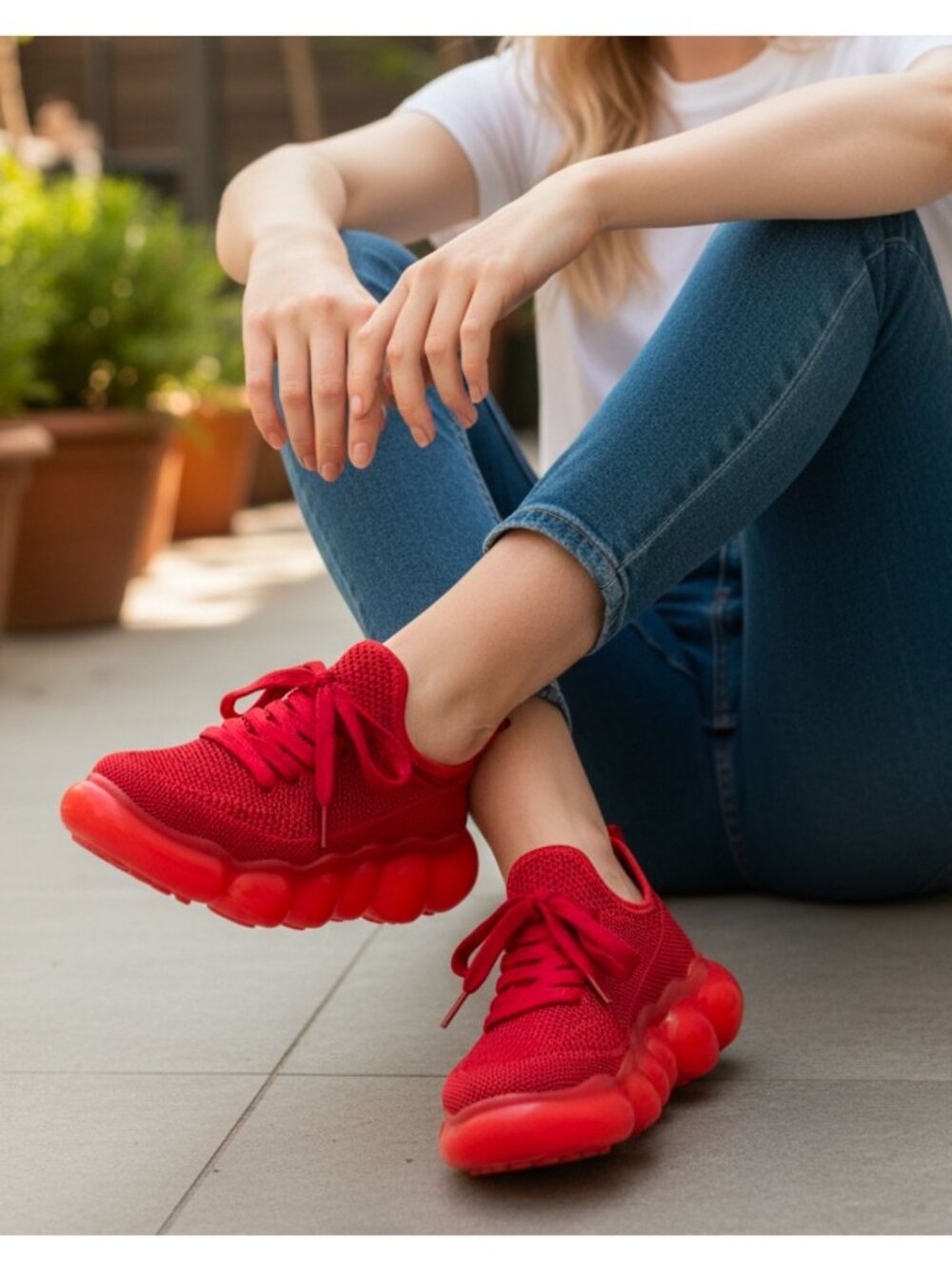 Red Mesh Athletic Sneakers With Bubble Sole - Breathable Lightweight Design For - Picture 7 of 12